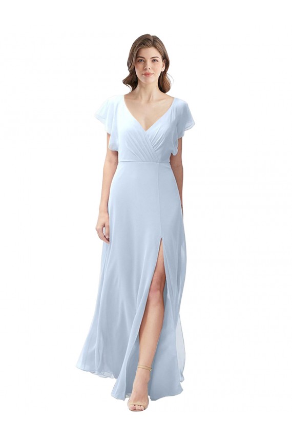 Flutter Sleeves Long Chiffon Bridesmaid Dress with Daring Open Back and Side Slit Bristol
