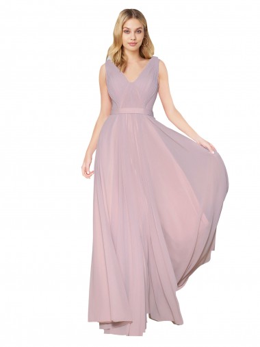 Draped V-Neck Long Chiffon Bridesmaid Dress / Formal Prom Dress with Shirred Bodice Bristol
