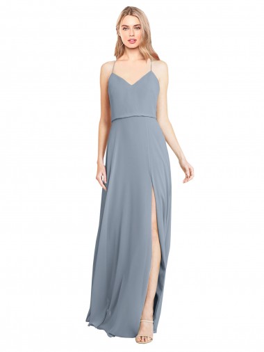 Spaghetti Straps V-Neckline Long Chiffon Bridesmaid Dress with High Slit Bristol