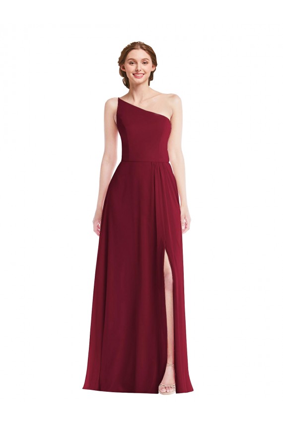 One Shoulder Chiffon Maxi Bridesmaid Dress with Shirred Front Slit Bristol