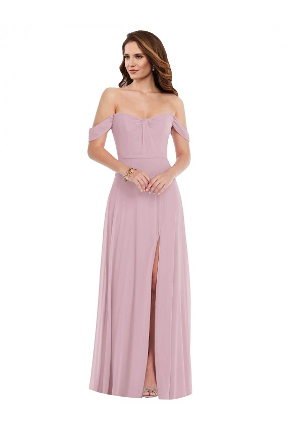 Off the Shoulder Draped Sleeve Maxi Bridesmaid Dress with Front Slit Bristol