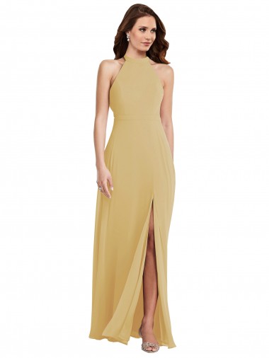Stand Collar Halter Maxi Bridesmaid Dress with Criss Cross Open Back Bristol
