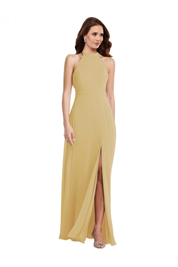 Stand Collar Halter Maxi Bridesmaid Dress with Criss Cross Open Back Bristol