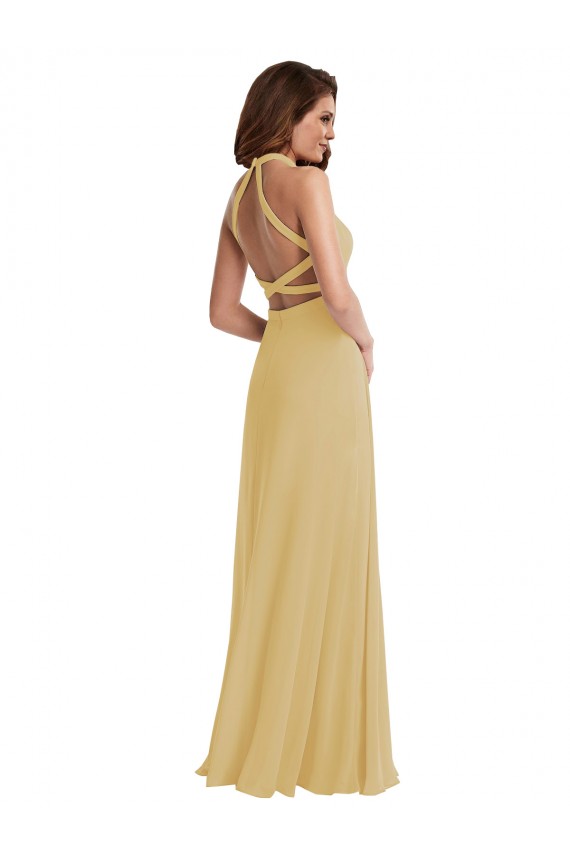 Stand Collar Halter Maxi Bridesmaid Dress with Criss Cross Open Back Bristol