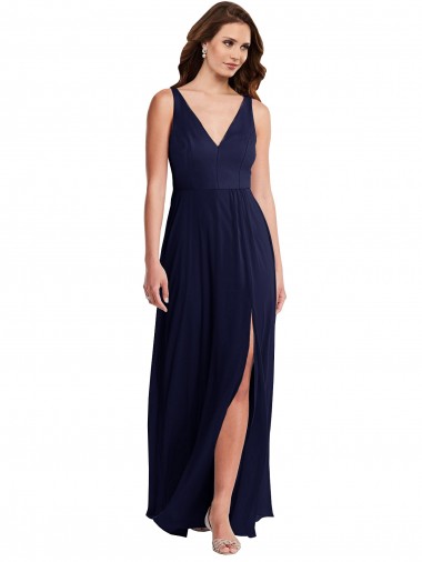 Deep V-Neck Chiffon Maxi Bridesmaid Dress with Front Slit Bristol