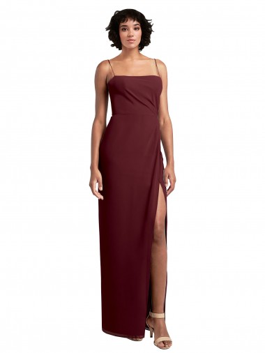 Sleek Straight Neckline Chiffon Bridesmaid Dress with Spaghetti Straps and High Side Slit Bristol