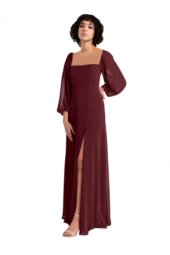 Sheer Long Sleeves Chiffon Bridesmaid Dress with High Slit Bristol