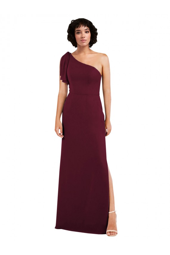 One Shoulder Chiffon Formal Bridesmaid Dress with Skirt Slit and Accent Strap Bristol