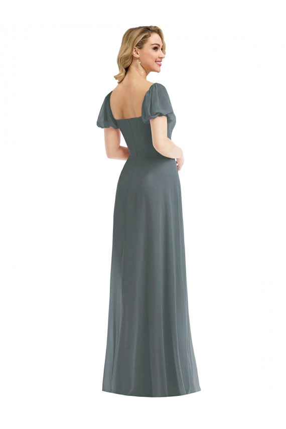 Puff Sleeves Chiffon Maxi Bridesmaid Dress with Front Slit Bristol