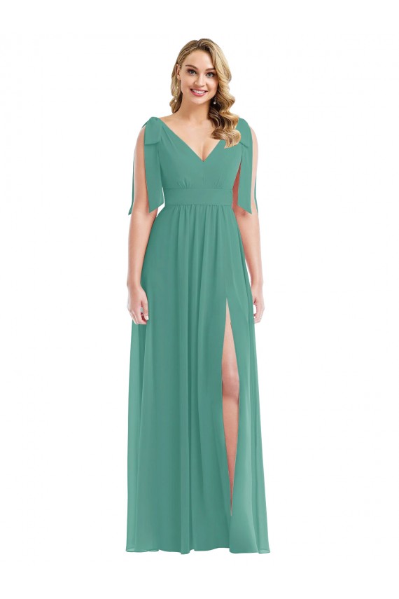Plunge Neckline Bow Shoulder Chiffon Maxi Bridesmaid Dress Bristol