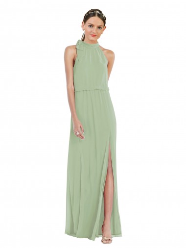 High Neck Scarf Tie Blouson Bodice Maxi Bridesmaid Dress with Front Slit Bristol