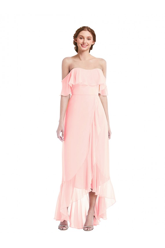Off the Shoulder Ruffled High Low Maxi Bridesmaid Dress Bristol