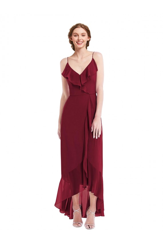 Ruffle Trimmed V-Neck High Low Wrap Chiffon Bridesmaid Dress Bristol