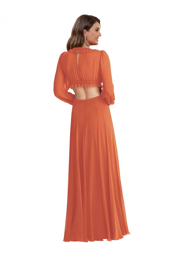 High Low Ruffled Long Chiffon Cutout Bishop Sleeves Maxi Bridesmaid Dress Bristol