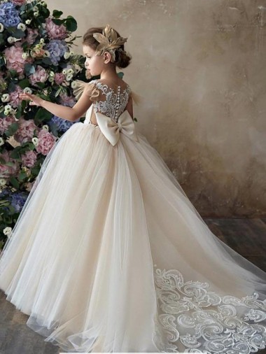 Champagne Ball Gown Sweetheart Chapel Train Sleeveless Flower Girl Dress Bristol