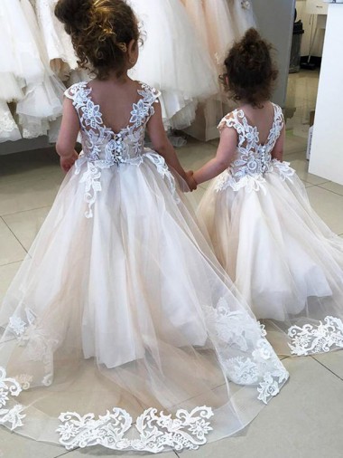 Ivory Ball Gown Chapel Train Sleeveless V-Back Flower Girl Dress Bristol