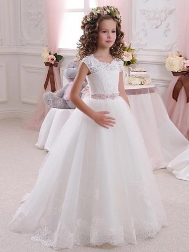 Ivory Ball Gown High Neck Floor Length Keyhole Back Flower Girl Dress Bristol