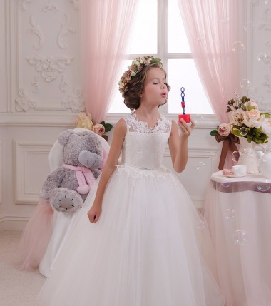 Ivory Ball Gown High Neck Floor Length Sleeveless Flower Girl Dress Bristol