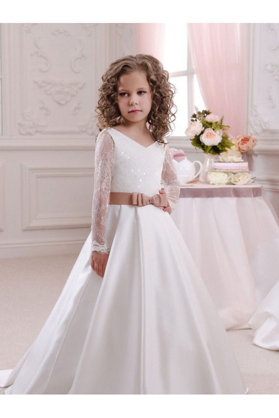Ivory Ball Gown V-Neck Chapel Train Long Sleeve Flower Girl Dress Bristol