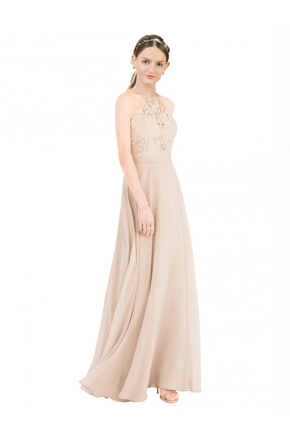 High Halter Neck Illusion Lace Bridesmaid Dress / Prom Dress with Chiffon Skirt and Keyhole Back Bristol