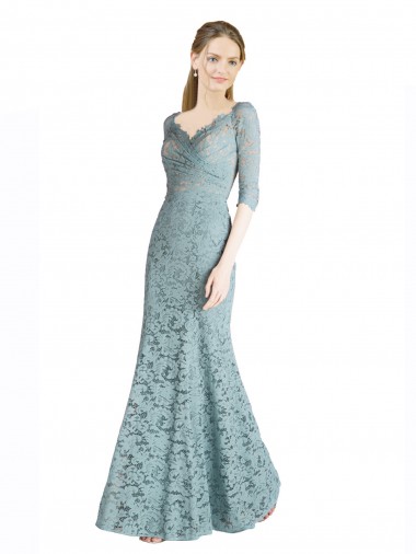 Half Sleeves Pleated Lace Bridesmaid Dress / Prom Dress with Wrap-Around Portrait Neckline Bristol