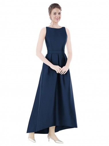 Full Length Sleeveless Long Satin Bridesmaid Dress with High Low Hem Detail Bristol