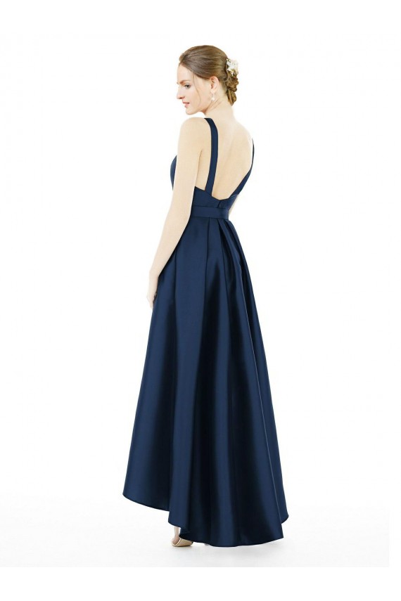 Full Length Sleeveless Long Satin Bridesmaid Dress with High Low Hem Detail Bristol