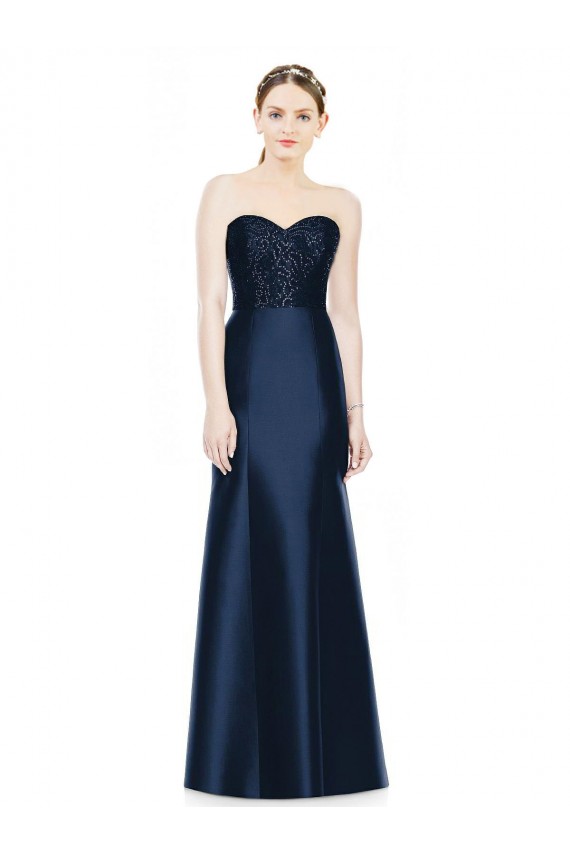 Full Length Strapless Satin Bridesmaid Dress with Lace Sweetheart Neckline Bristol