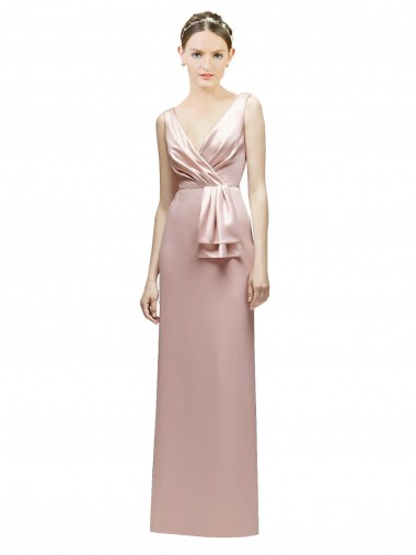 Sleeveless V-Neck Long Satin Bridesmaid Dress with Draped Bodice and Tiered Bow Bristol