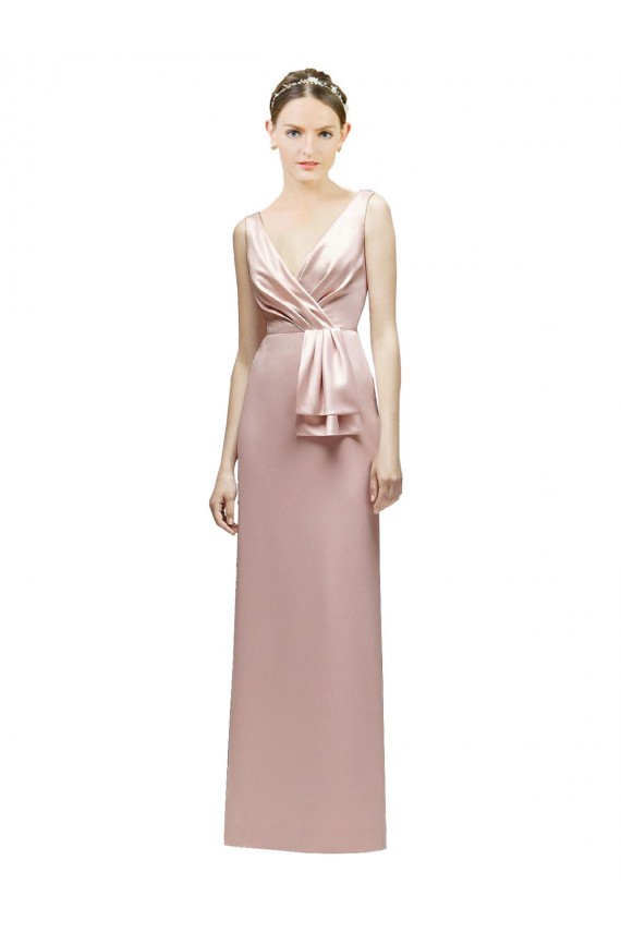 Sleeveless V-Neck Long Satin Bridesmaid Dress with Draped Bodice and Tiered Bow Bristol