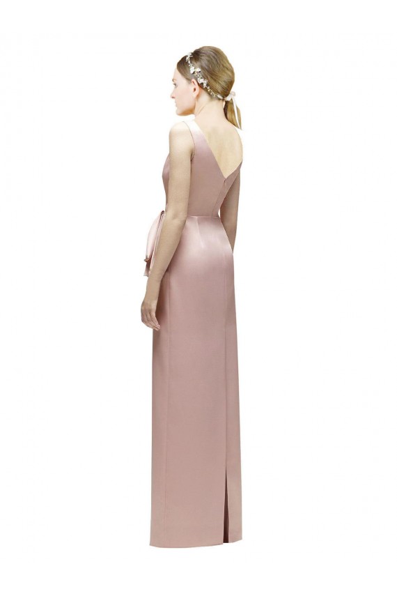 Sleeveless V-Neck Long Satin Bridesmaid Dress with Draped Bodice and Tiered Bow Bristol