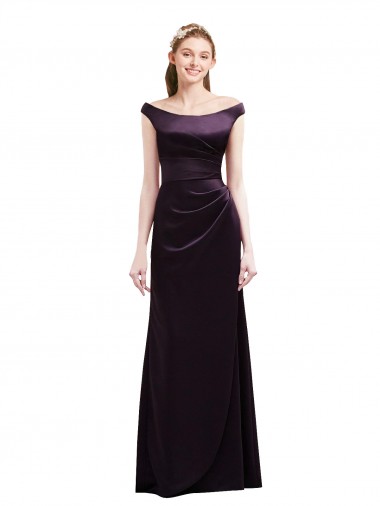 Off The Shoulder Long Satin Bridesmaid Dress with Asymmetrical Pleated Bodice Bristol