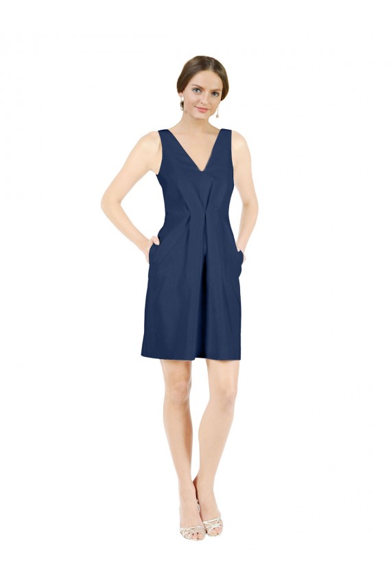 Deep V-Neck Short Knee Length Satin Cocktail Bridesmaid Dress with Slimming Pleats Bristol