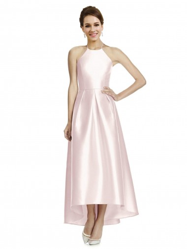 Long High-Low Halter Satin Bridesmaid Dress with Criss-Cross Back Bristol