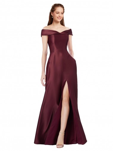 Long Off the Shoulder Formal Satin Bridesmaid Dress / Prom Dress with Thigh-high Slit Bristol