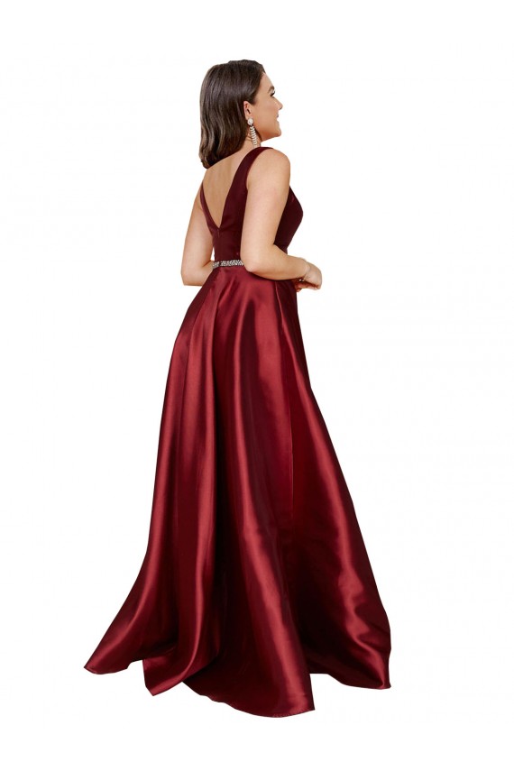 Sleeveless Deep V-Neck A-Line Formal Satin Bridesmaid Dress / Prom Dress with Pockets Bristol