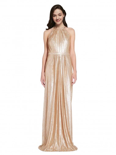 Floor Length Halter Neck Sparkling Formal Sequin Bridesmaid Dress / Prom Dress with Pleats Bristol
