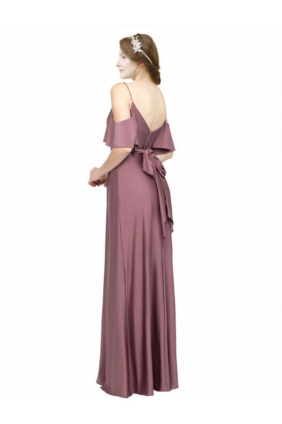 Draped Cold Shoulder Sleeves Long Formal Silky Satin Bridesmaid Dress / Prom Dress with Slit and Tie Back Bristol