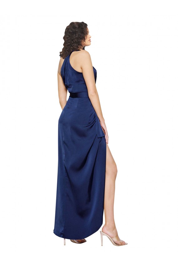 Full Length High Neck Wrap Formal Silky Satin Bridesmaid Dress / Prom Dress with Waist Tie Bristol