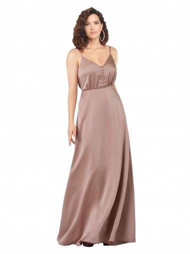 Subtle V-Neckline Formal Silky Satin Bridesmaid Dress with Front Button Detail Bristol