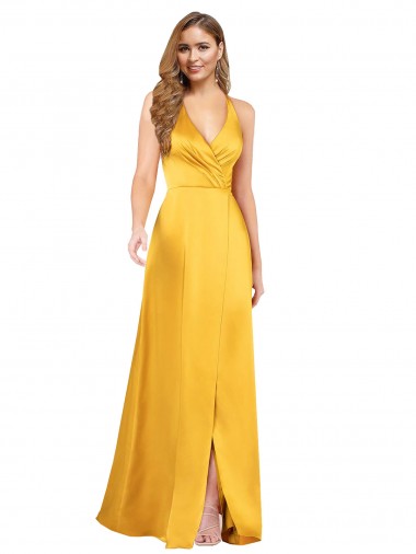 Halter A-Line Formal Silky Satin Bridesmaid Dress / Prom Dress with V-Neckline and Slit Bristol