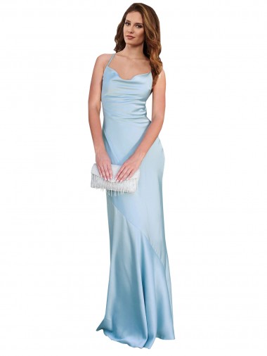 Open Back with Ties Cowl Neck Sheath Formal Silky Satin Long Bridessmaid Dress Bristol