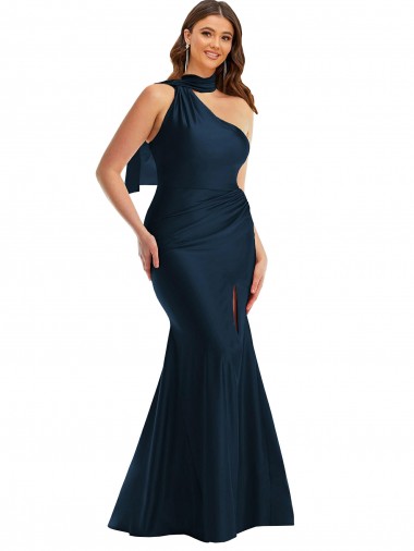 Scarf Neck One Shoulder Formal Silky Satin Mermaid Bridesmaid Dress / Prom Dress with Front Slit Bristol