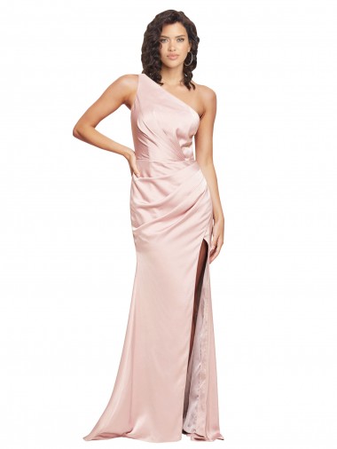 Full Length Ruched Formal Silky Satin Bridesmaid Dress / Prom Dress with Low Back and High Split Bristol