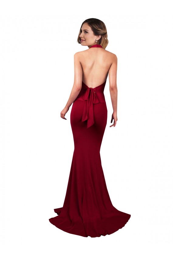 Halter Mermaid Plunge V-Neckline Open Back Bow Tie Formal Spandex Bridesmaid Dress / Prom Dress Bristol