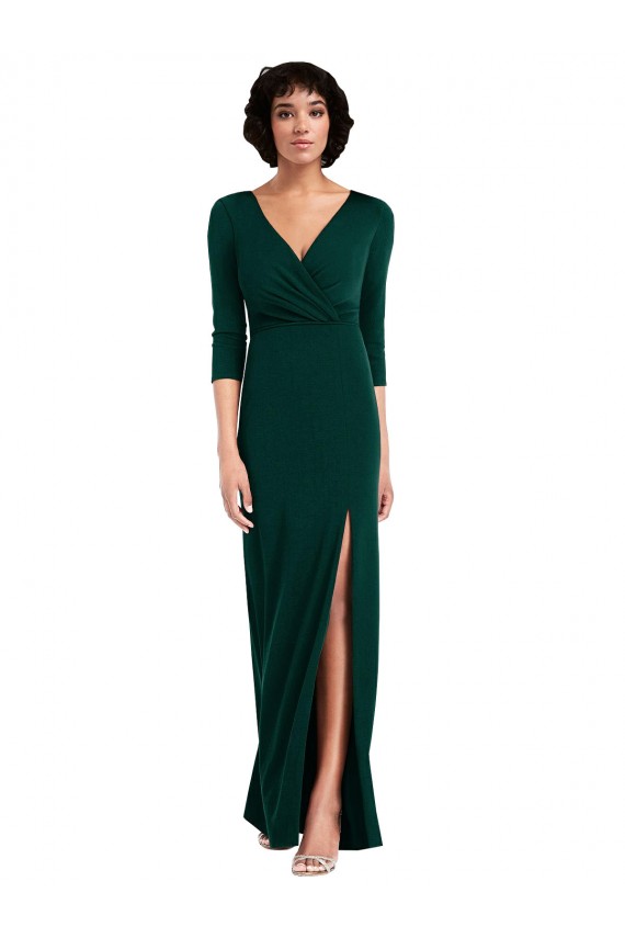 Floor Length 3/4 Sleeves V-Back Draped Wrap Formal Maxi Spandex Bridesmaid Dress / Prom Dress Bristol