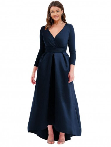 Long Sleeves Wrapped Formal Spandex Bridesmaid Dress / Prom Dress with High Low Full Skirt and Pockets Bristol