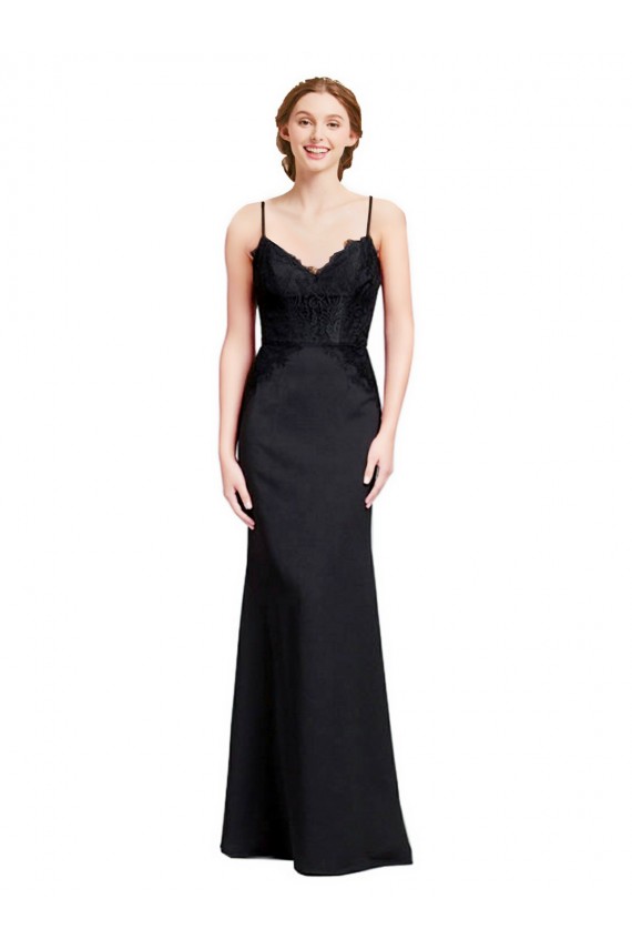 Long Chiffon Bridesmaid Dress / Prom Dress with Lace Bodice and Curved V-Neckline Bristol
