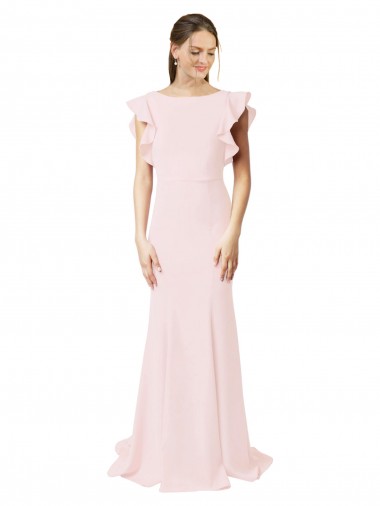 Low V-Back Long Mermaid Crepe Bridesmaid Dress / Prom Dress with Ruffled Sleeves Bristol