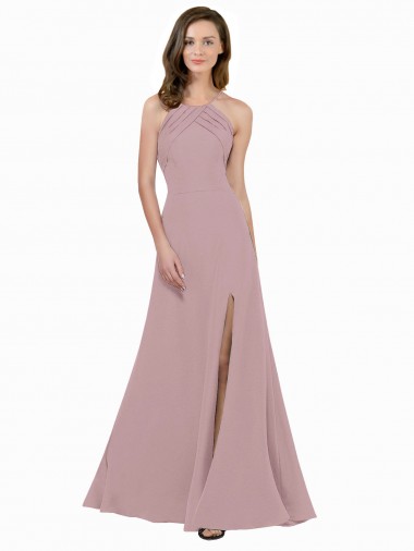 High Neck Crepe Bridesmaid Dress / Prom Dress with Pleats and Keyhole Back Bristol